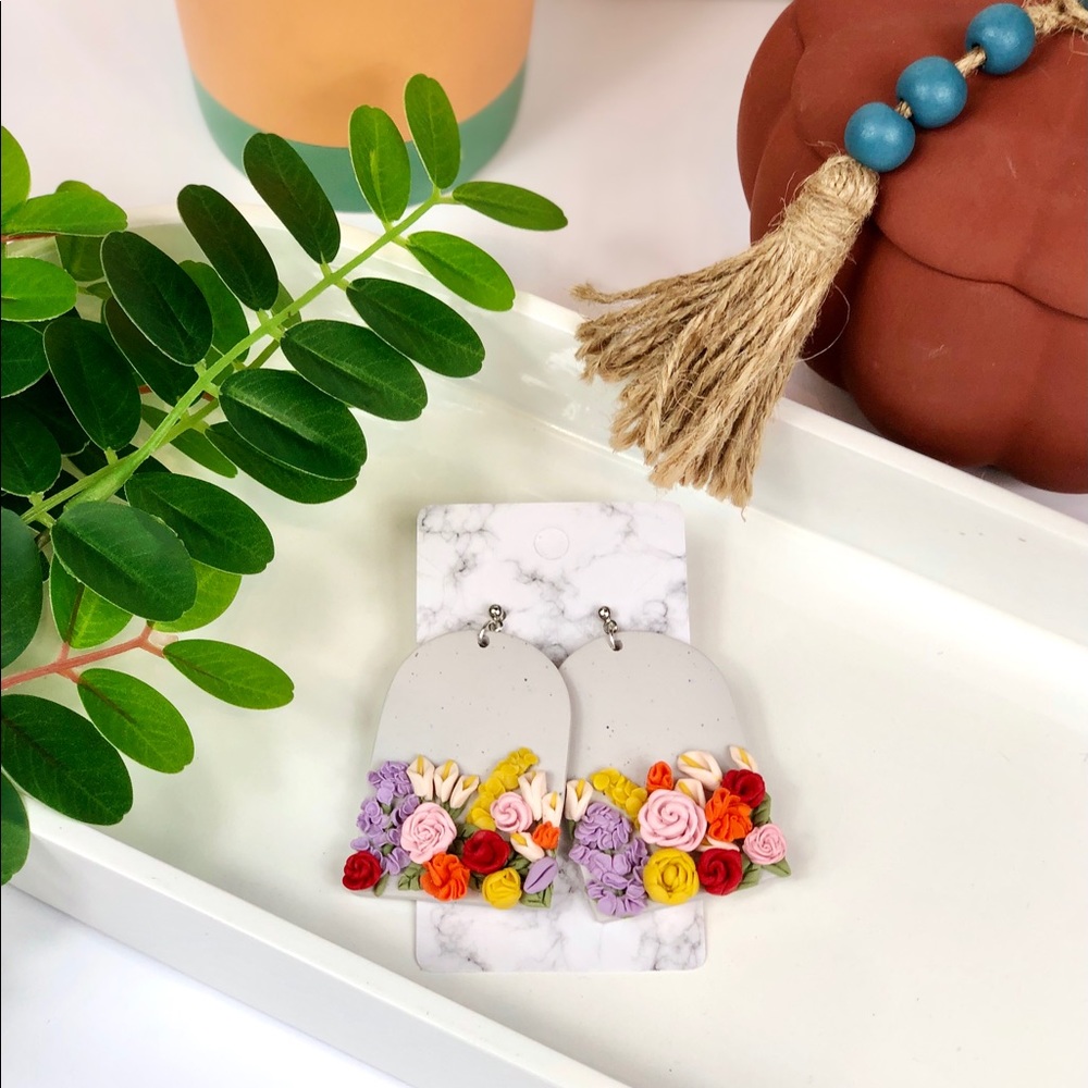 Gray Floral Bouquet Silver Drop Earrings